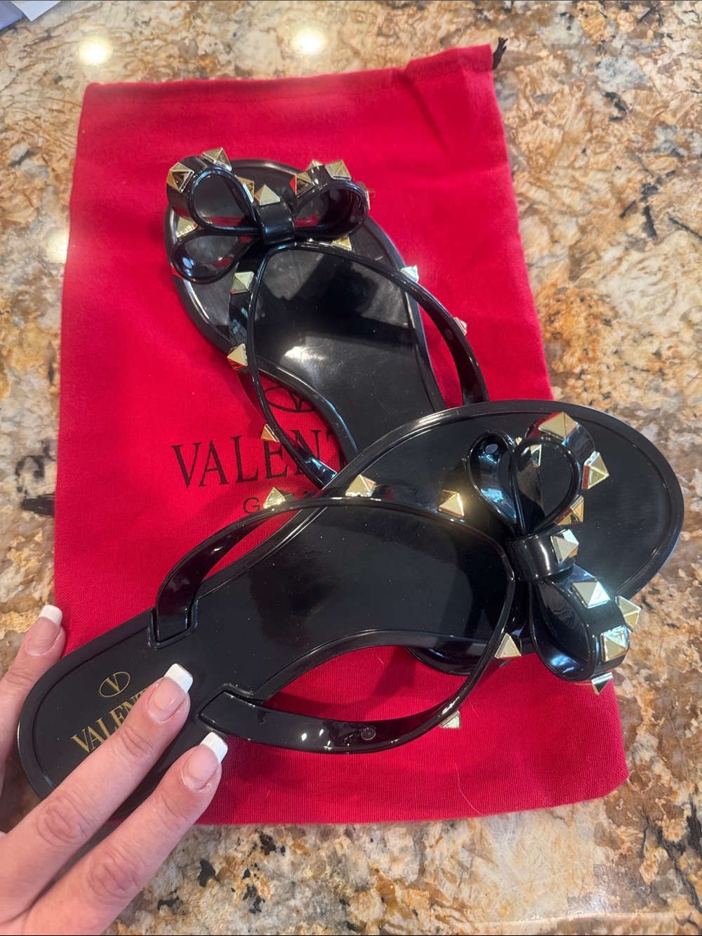 Black Patent Flip Flop Thong Sandals W Bow & Gold Studs US 7